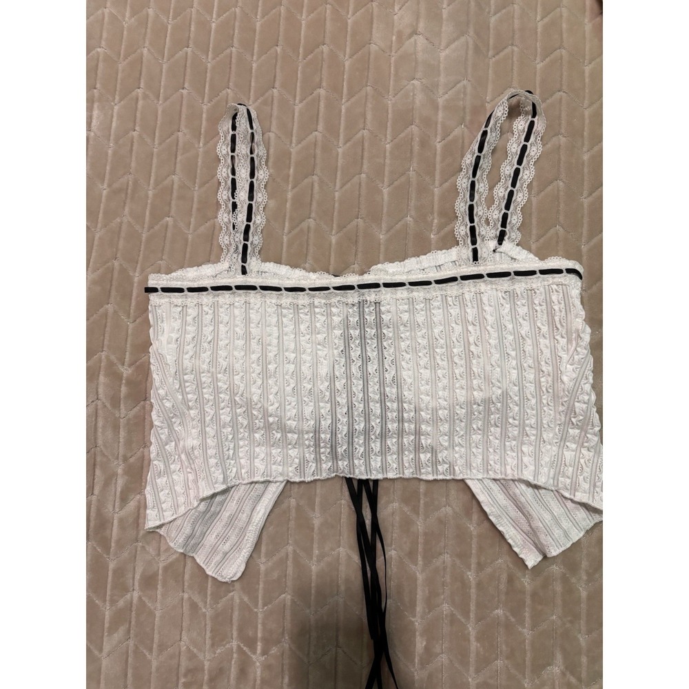 Y2K White Pointelle Ruffle Coquette Top Sz M Satin Bow Lace Trim Cami Fairy - Picture 6 of 9